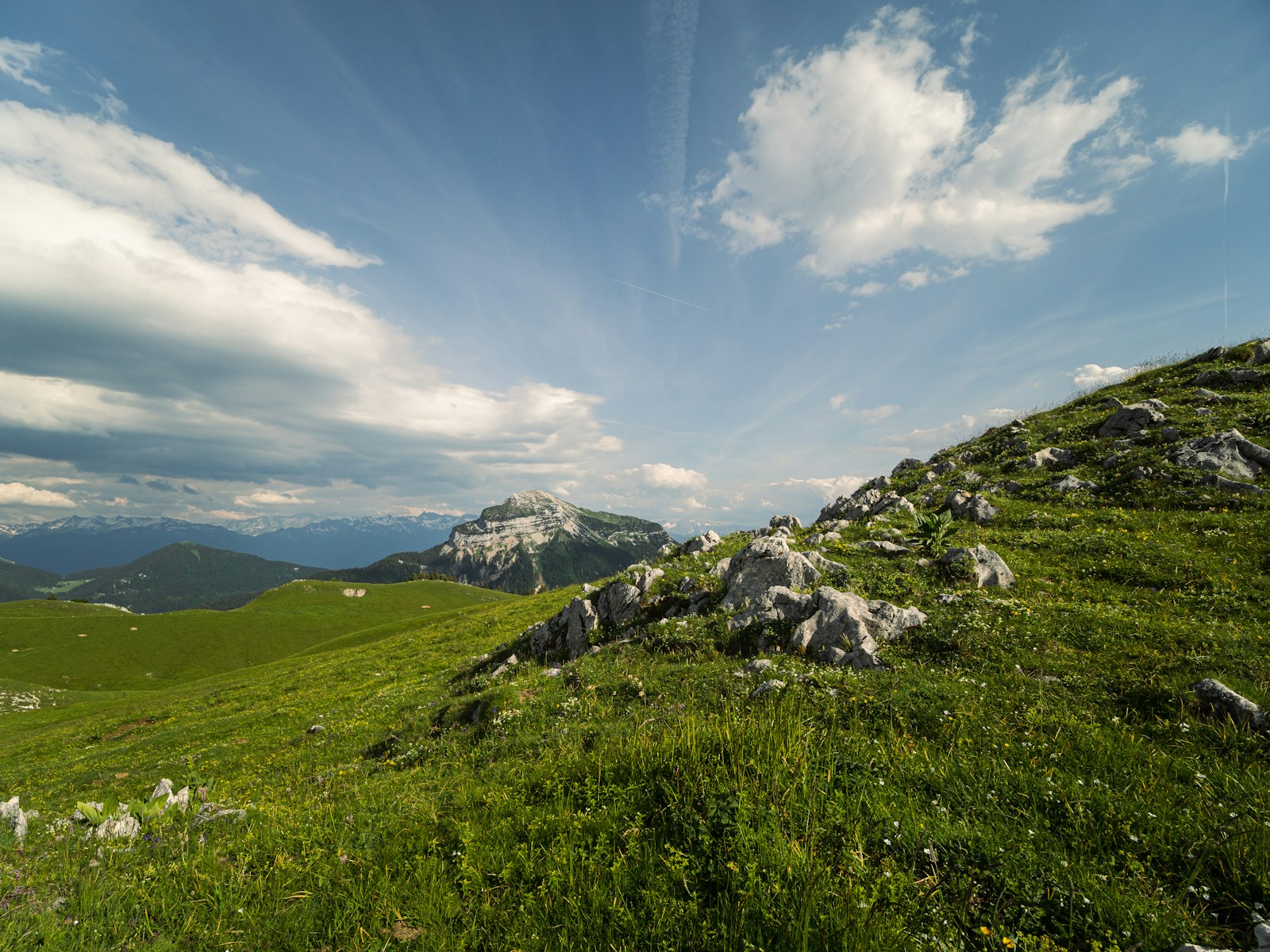 a grassy hill with rocks and grass on it